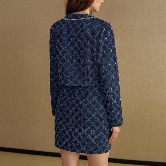 Blue Elegant Women's Plaid Rhinestone Faux Pearl Placket Jacket & Skirt Set - Picture 2 of 6